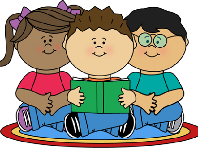 Cartoon children reading a green book.